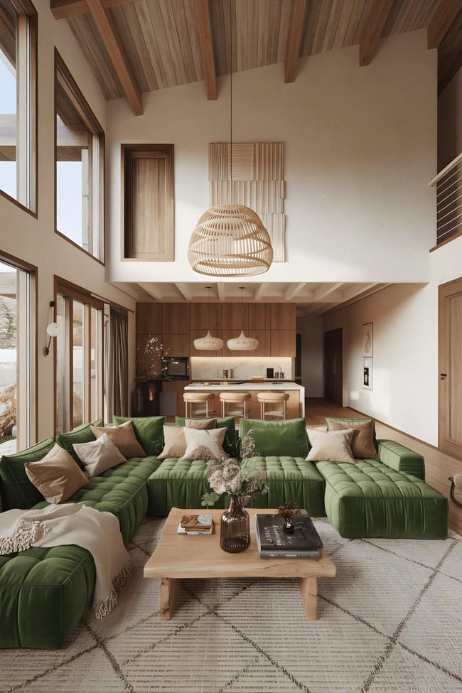 Green Sectional With Organic Soft And Oak