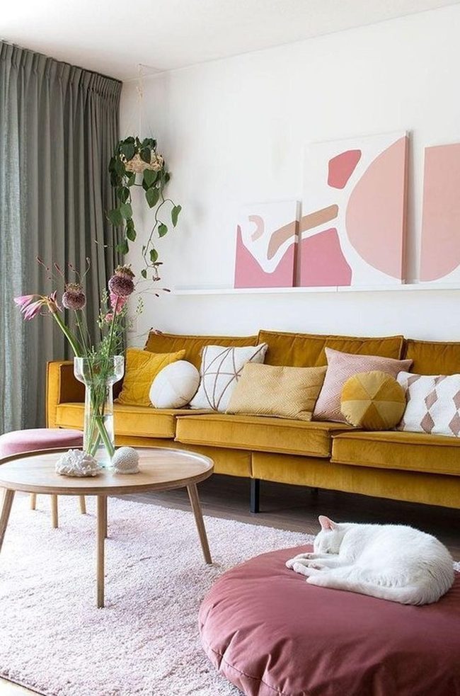 Mustard Sofa With Pink Accents