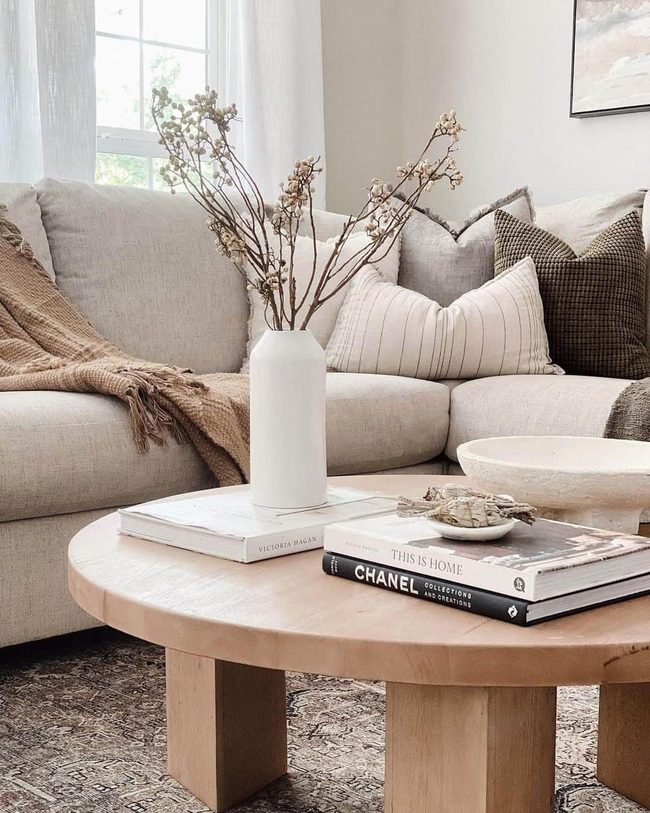 Beige Cushions, Wooden Table, Living