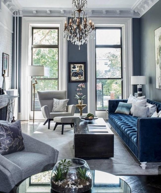 Tall Windows Flood Dark Blue Living Rooms