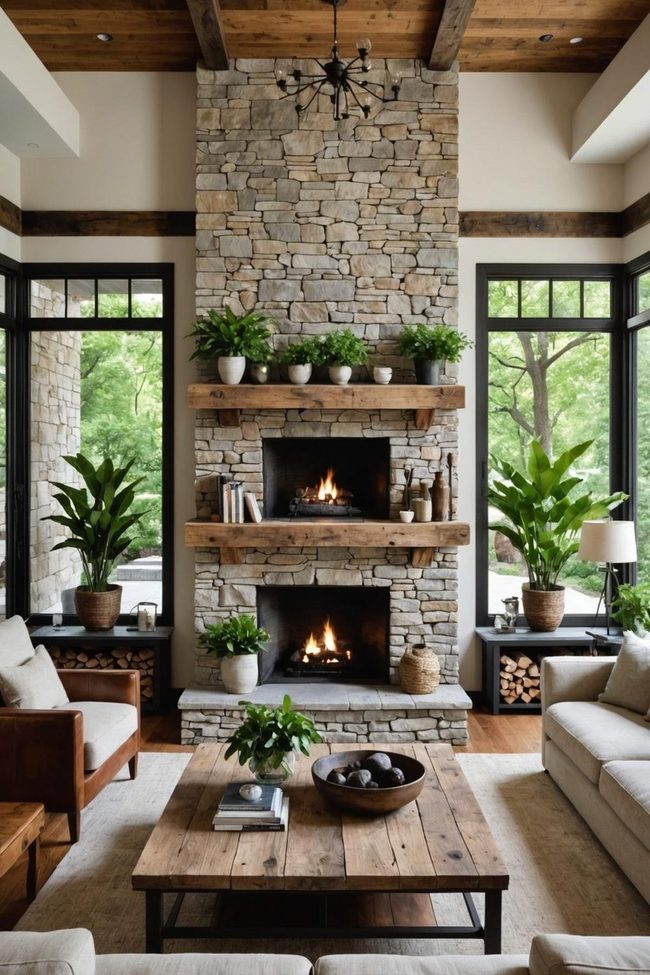 Green Plants Stone Wood Living Room