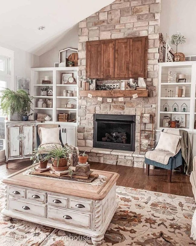 Whitewashed Wood Meets Stone Fireplace
