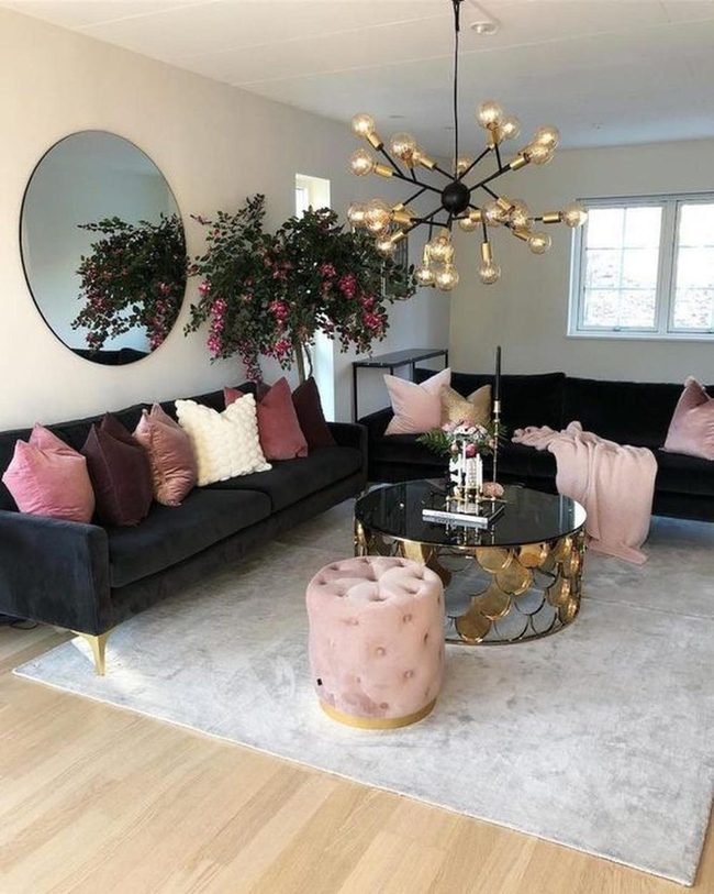 Black Sofas Pink Pillows Gold Accents