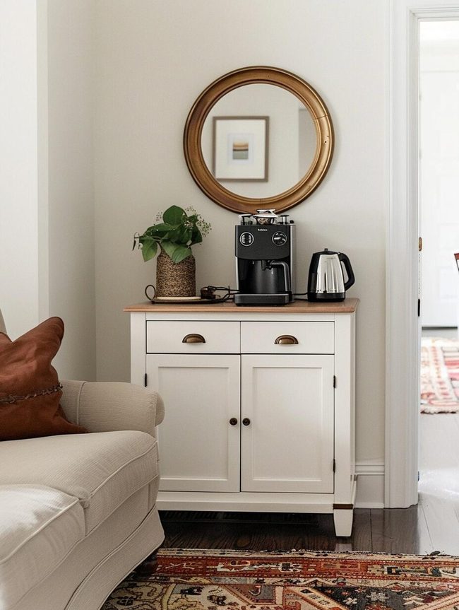 Circular Mirror Above Coffee Table Corner