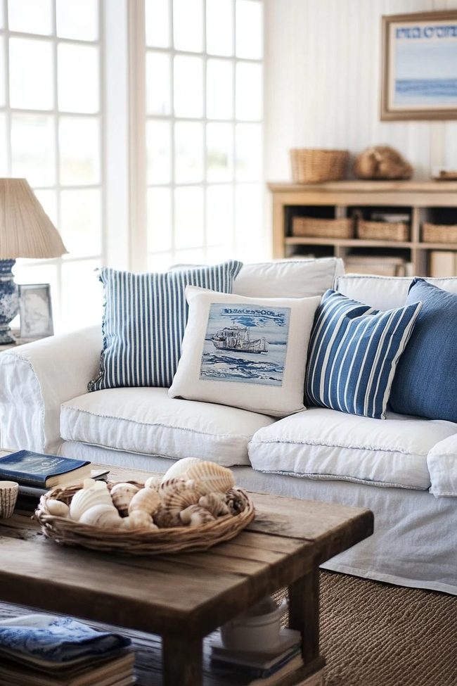 Striped Sofas Meet Driftwood Accents