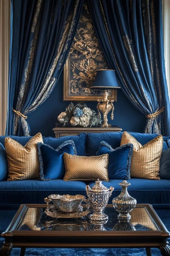 Deep Blue Sofa With Metallic Glamour