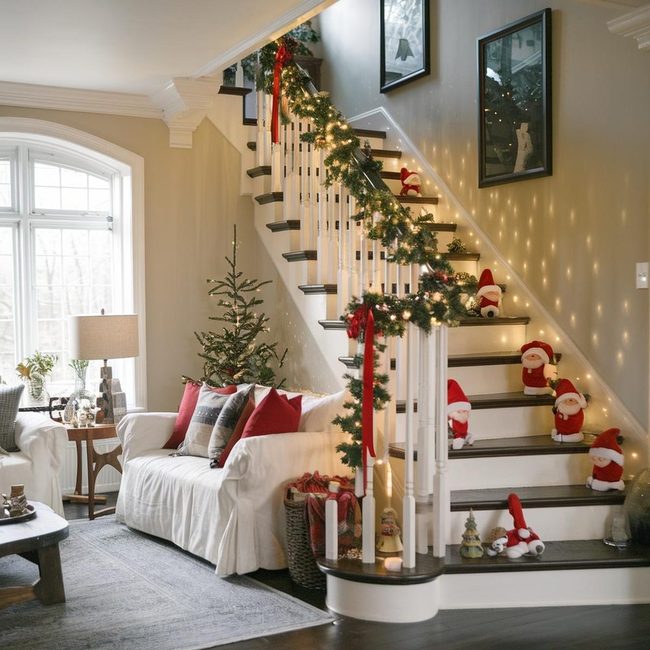 Green Garland Staircase with Twinkling Lights