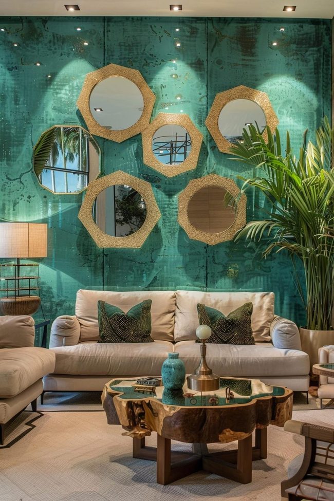 Emerald Wall Gold Mirror Reflections