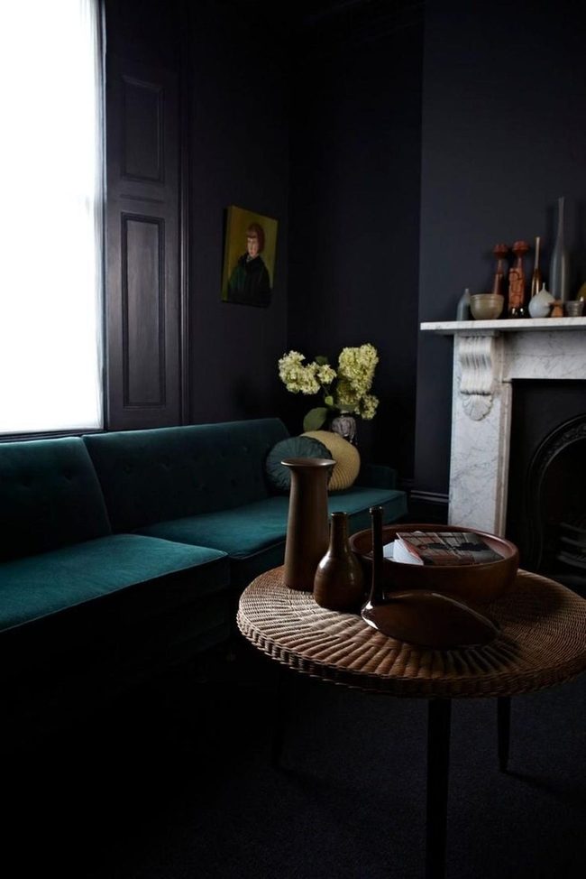 Deep Green Walls, Marble Fireplace, Natural Calm