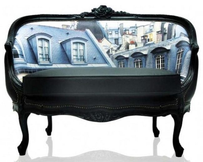 Black Leather Bench With Paris Cityscape Carving