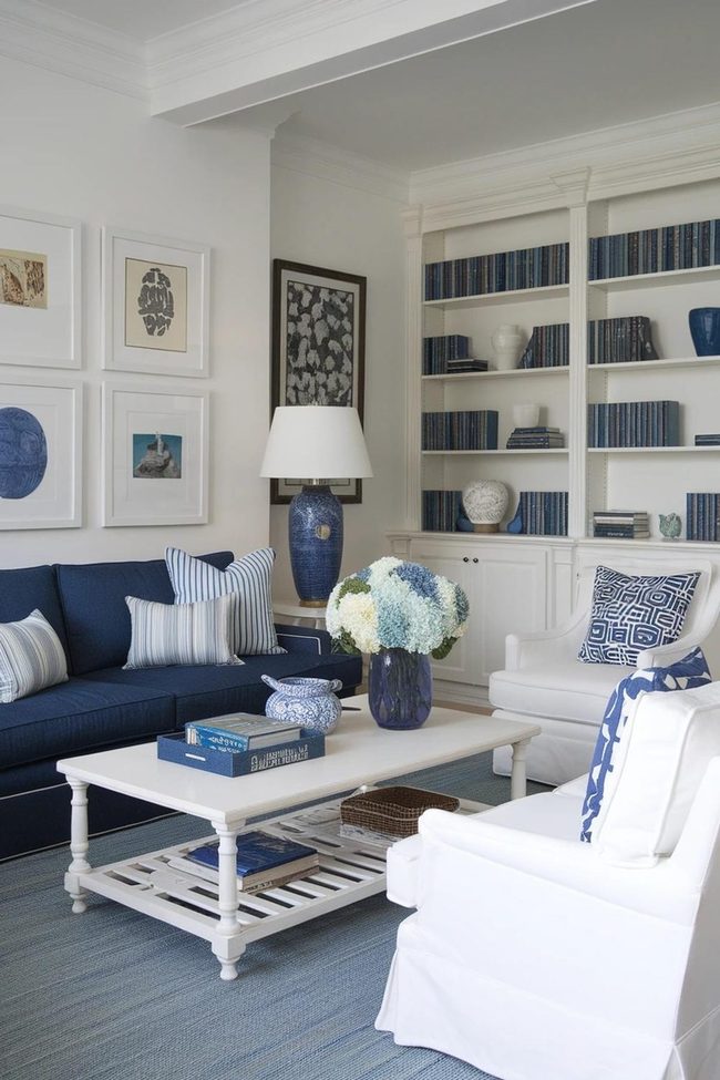 Blue And White Striped Living Room