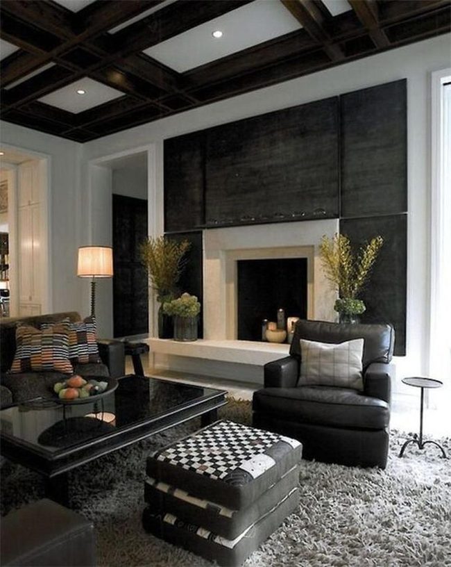 Dark Leather With Checkered Ottoman