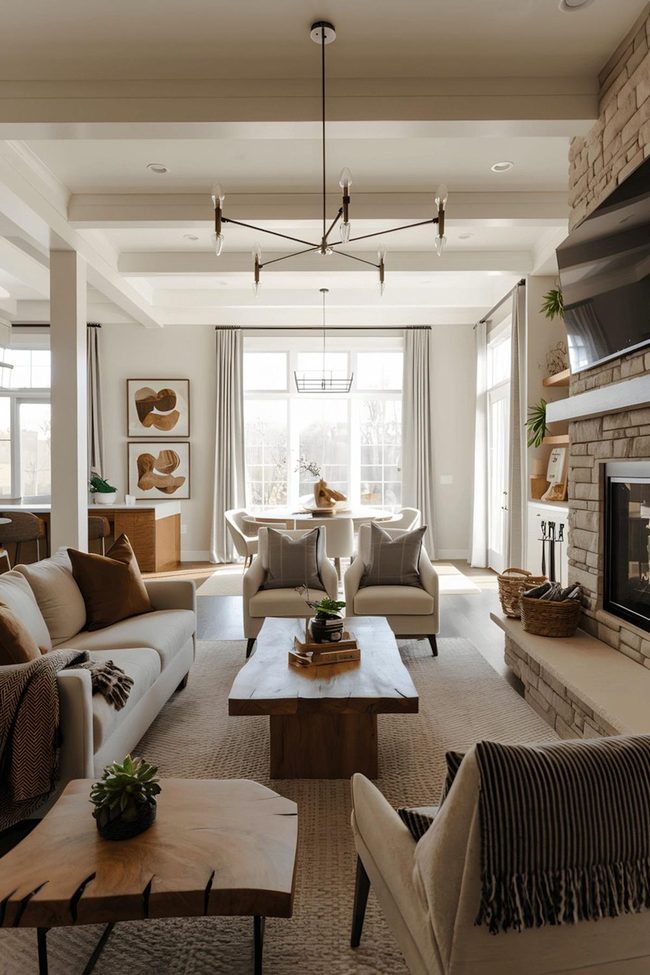 Black Chandelier Brightens Neutral Living Room