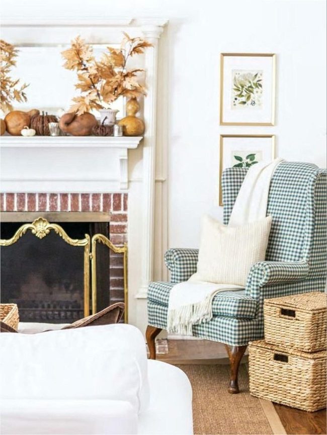 White Walls, Brick Fireplace, Blue Charm