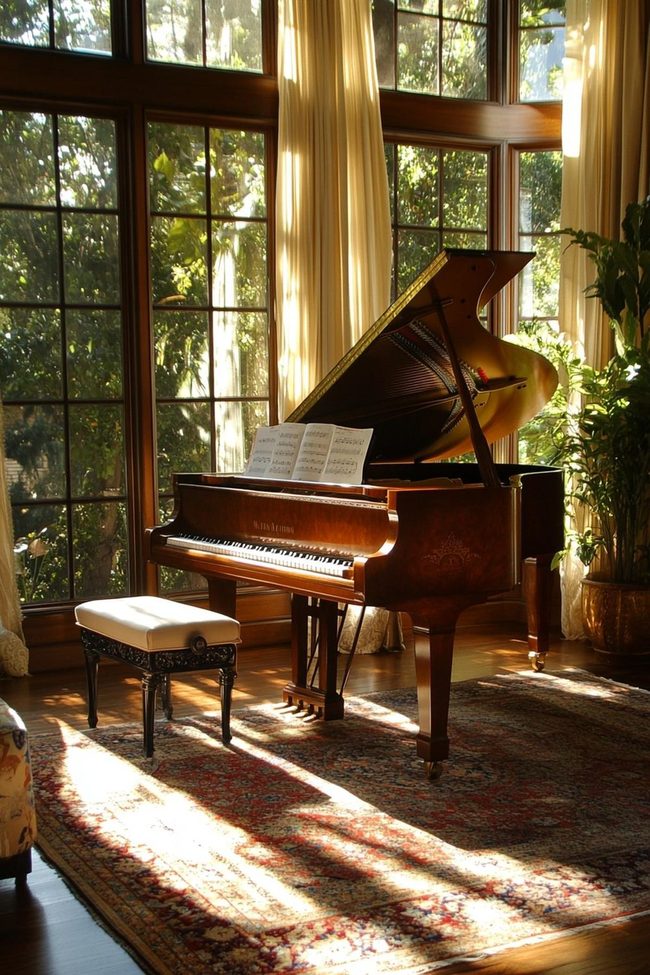 Grand Piano Nestled In Corner Nook