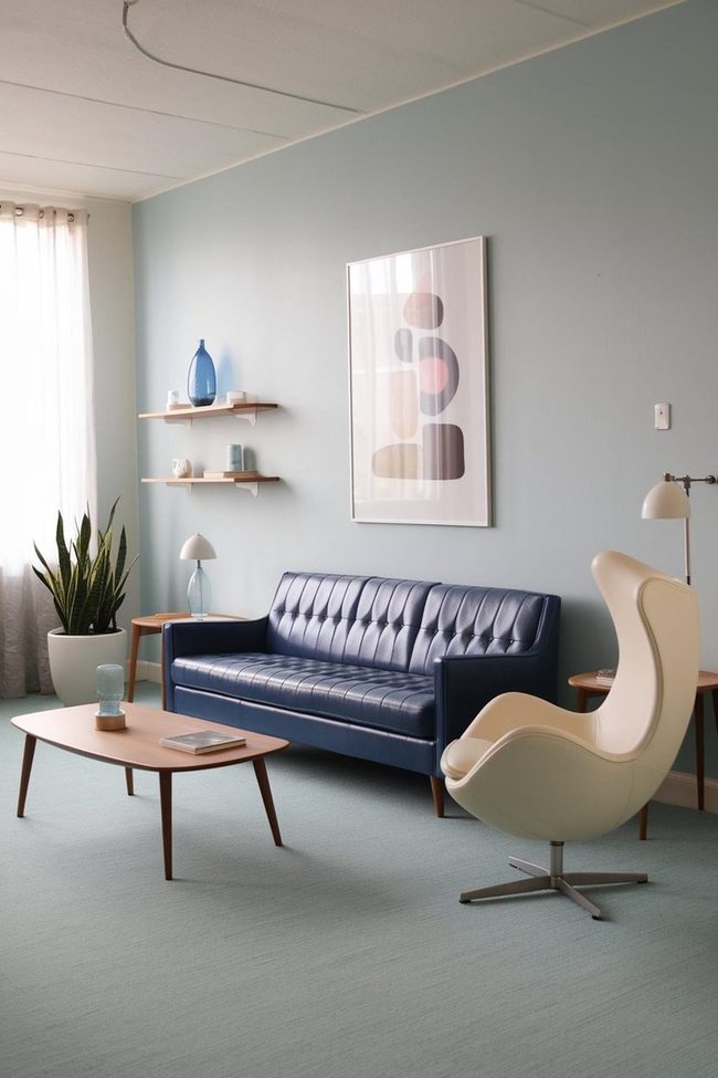 Navy Tufted Sofa Mid-Century Space