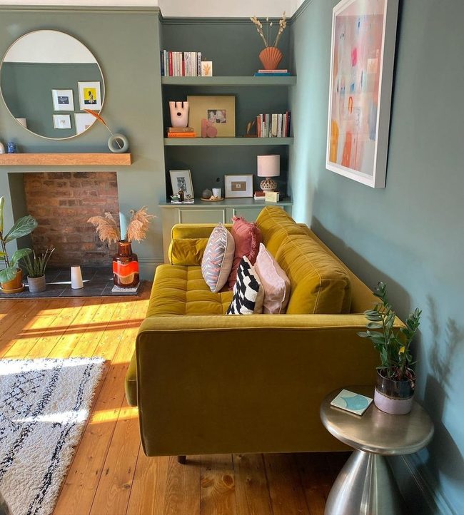 Mustard Yellow Sofas, Green Walls