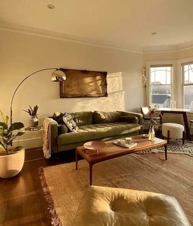 Green Velvet Sunlit Living Room