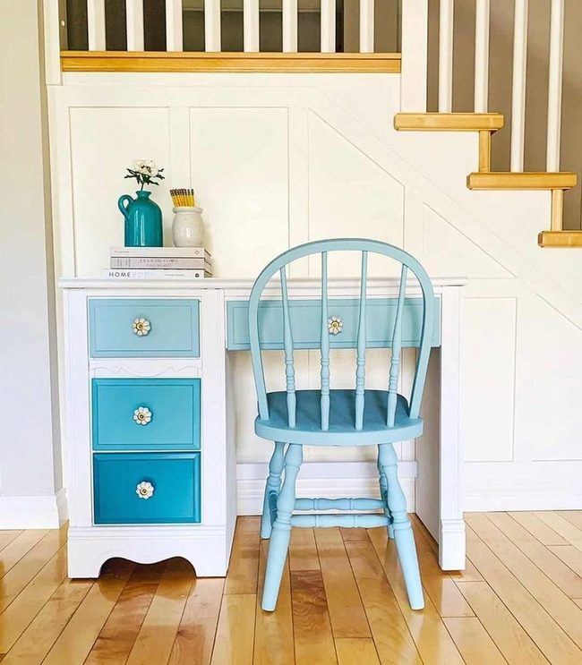 Blue Drawers White Desk Workspace