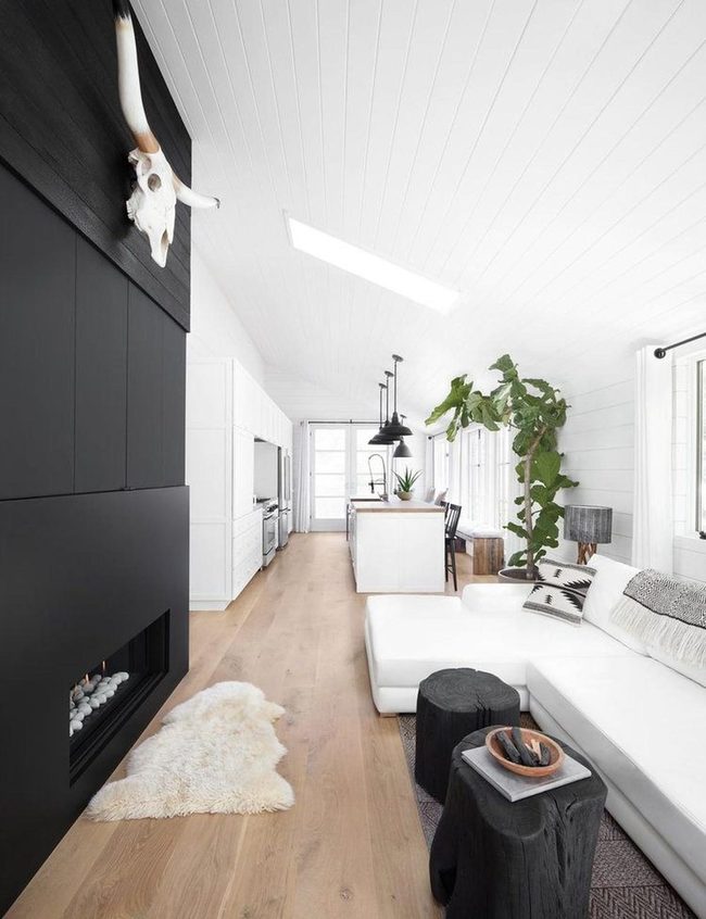 Black Fireplace, White Minimalism, Natural Warmth