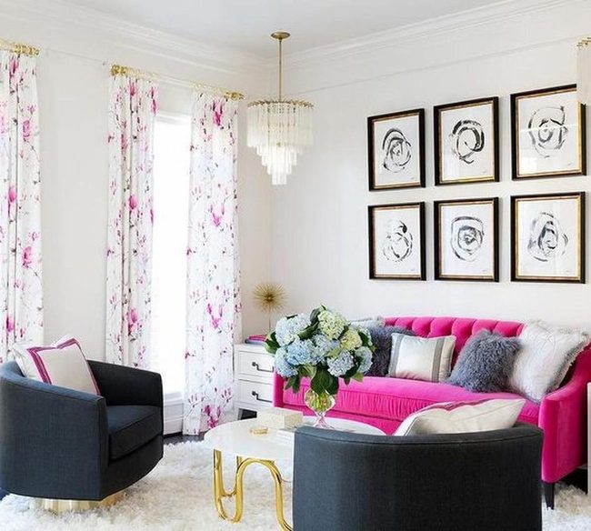 Pink Sofas, Gold Accents, Modern Elegance
