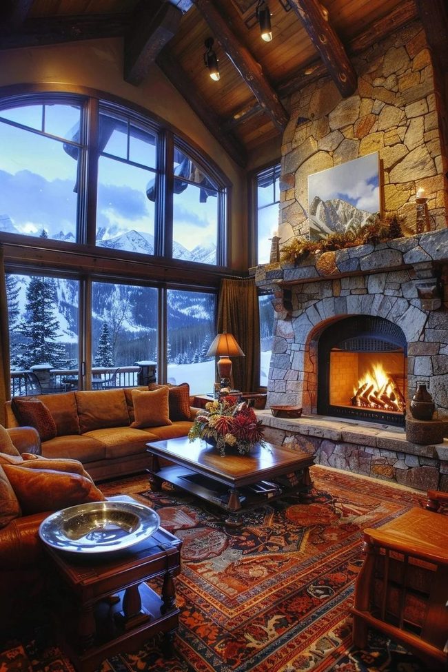 Stone Fireplace Mountain Luxury