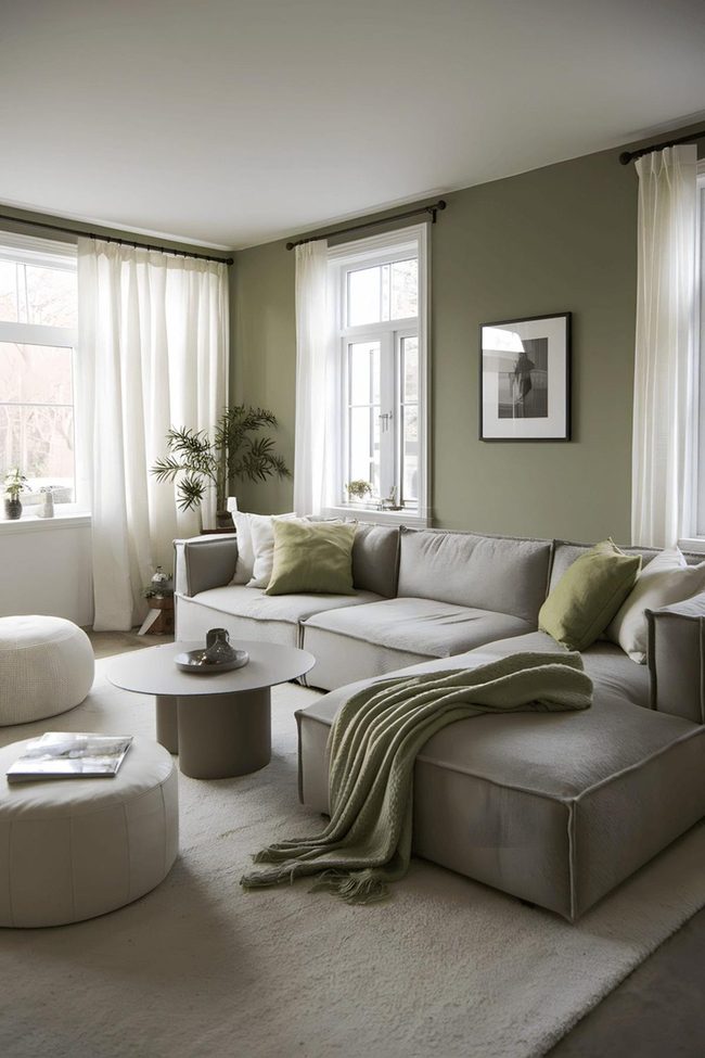 Sage Green Walls With Gray Sectional Comfort