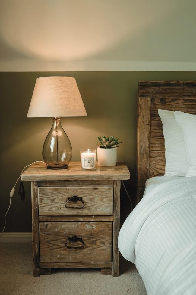 Weathered Walnut Nightstand With Gentle Green Walls