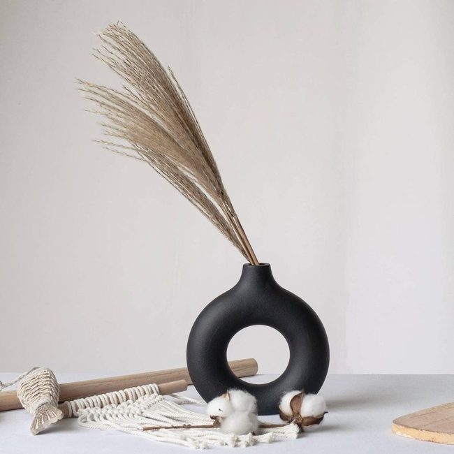 Black Sculptural Vase With Grasses