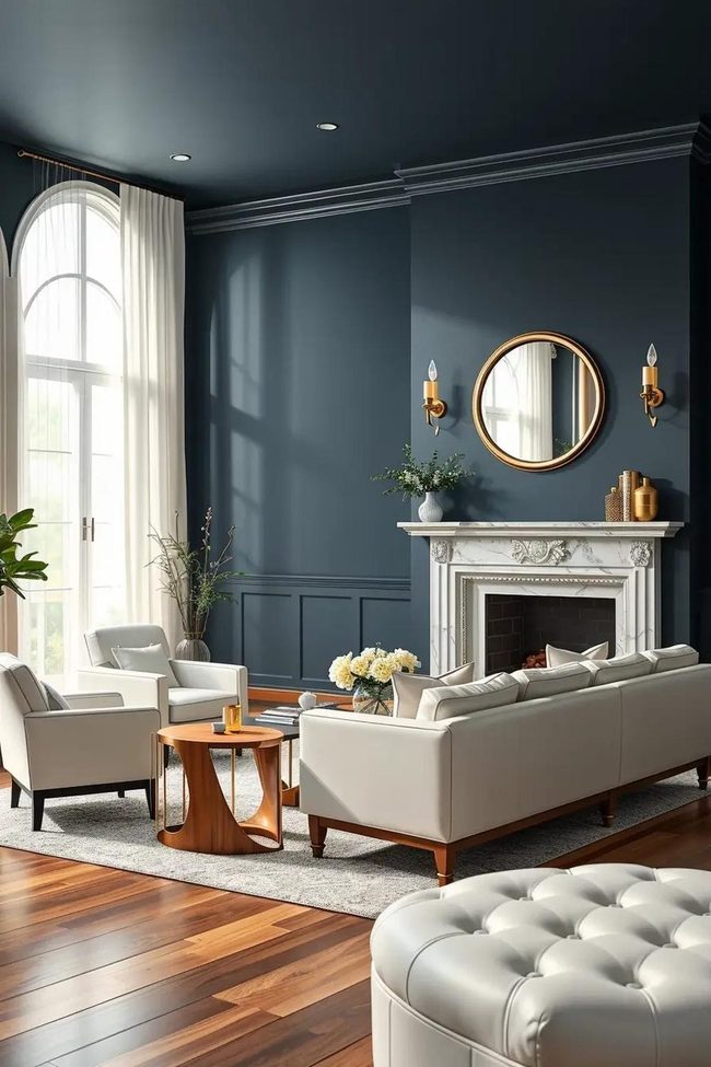 White Marble Fireplace Navy Walls