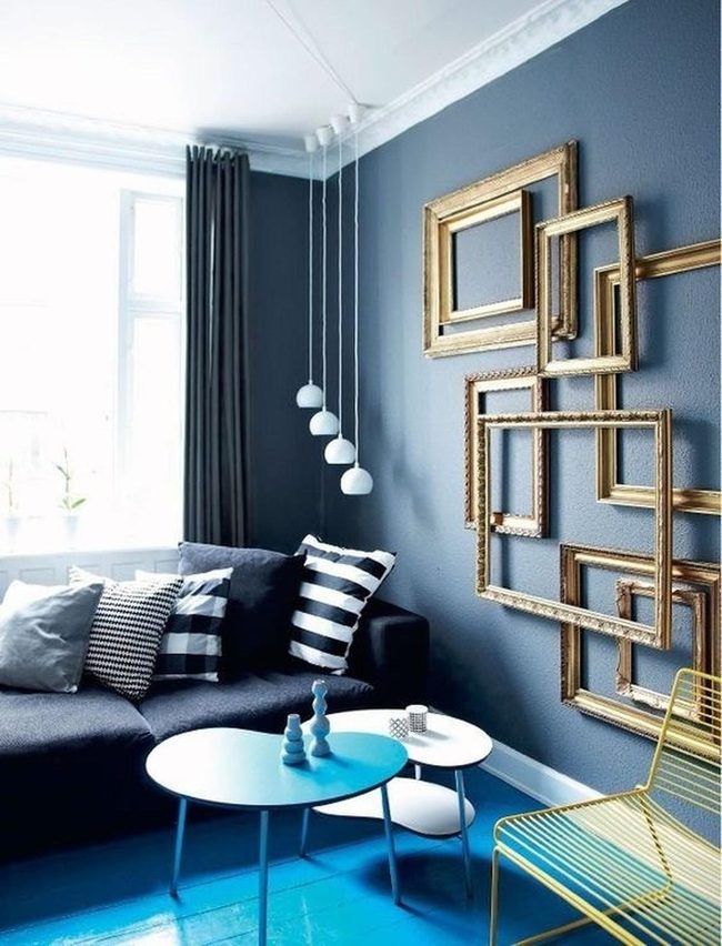 Dark Blue Walls, Golden Frames, Yellow Chair