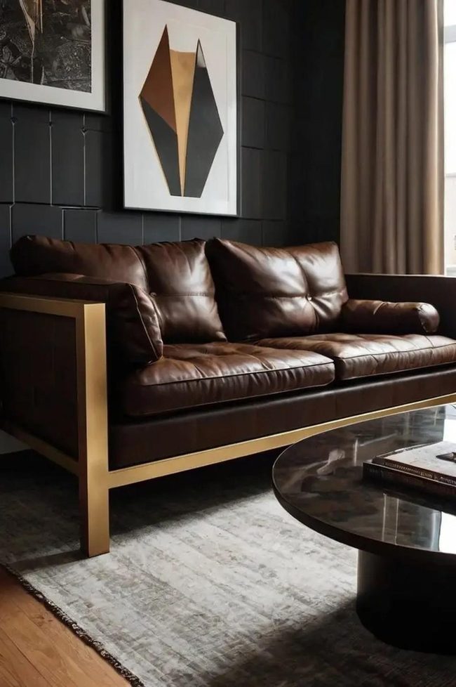 Dark Brown Couch With Angular Art