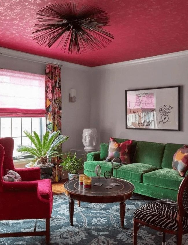 Pink Ceiling Living Room With Jewel Tones
