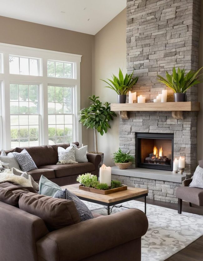 Fireplace Brown Sofa Gathering