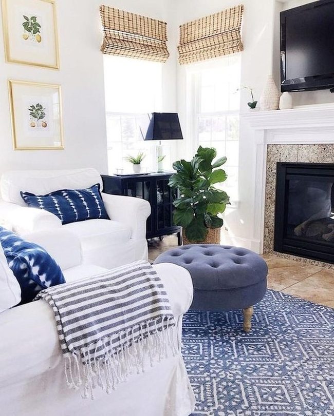 White Stone Fireplace, Navy Accents