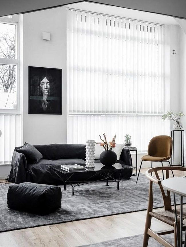 Black Sofa, Natural Light, Brown Accent