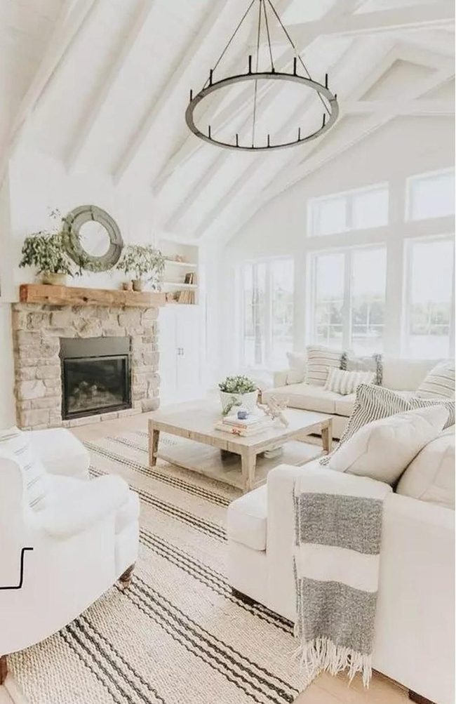 White Vaulted Ceilings, Stone Fireplace