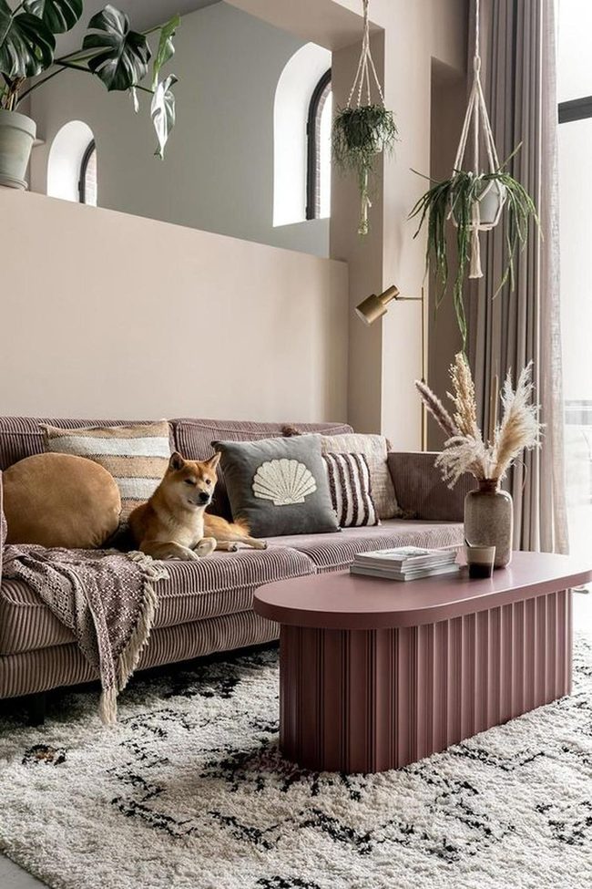 Mauve Sofas Sunlit Living Room