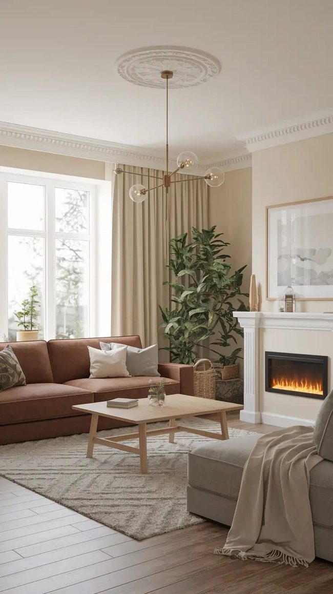 Cream And Brown Living Room With Stone Fireplace