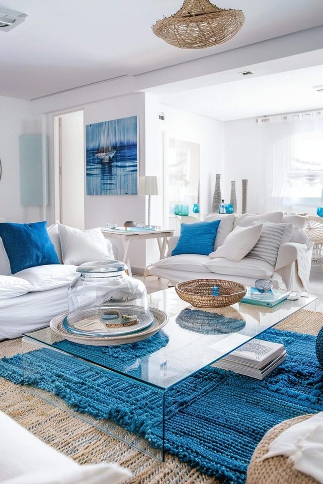 White Furniture Elevated By Blue Accents