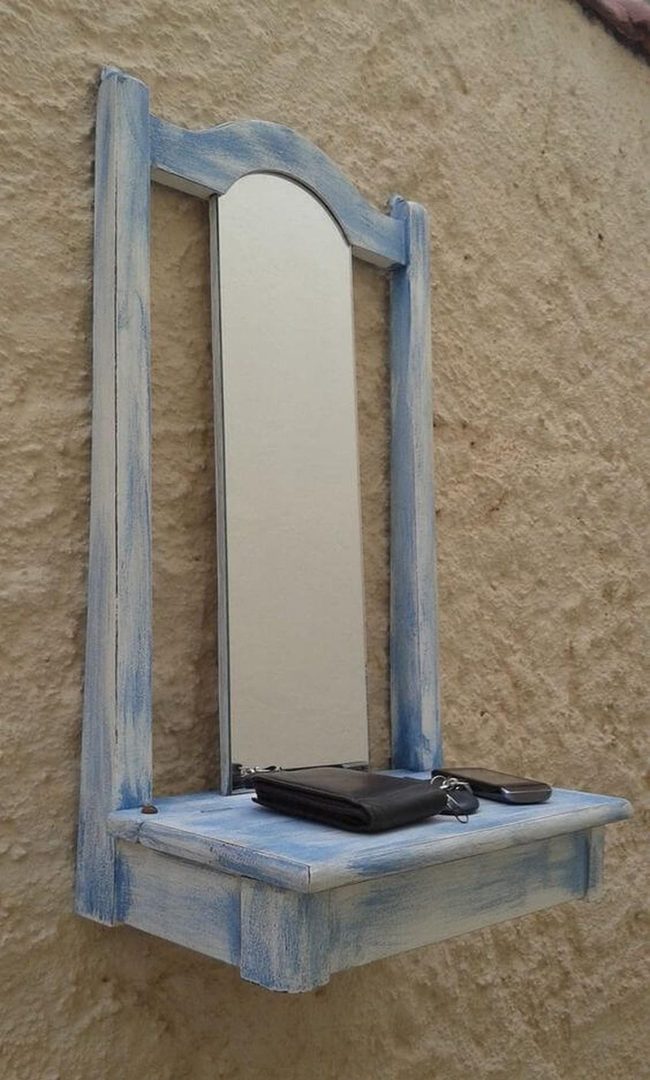 Weathered Blue Mirror With Storage Shelf