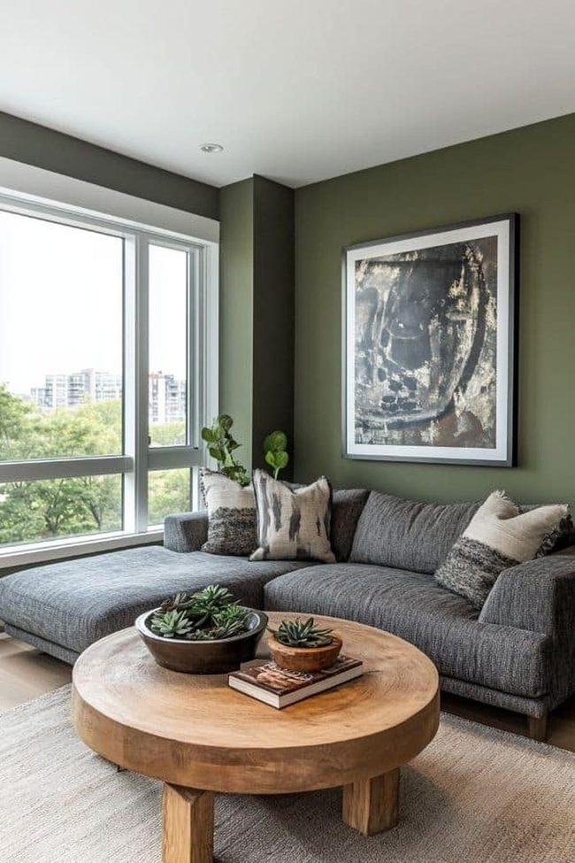 Deep Green Walls Gray Sectional