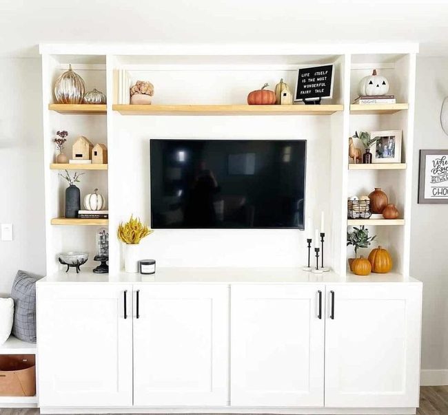 White Cabinet With Warm Wood Shelves