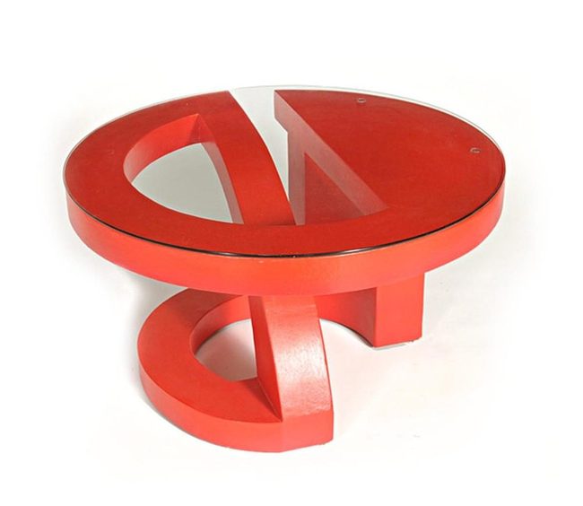Red Glass Top With Sculptural Wood Base