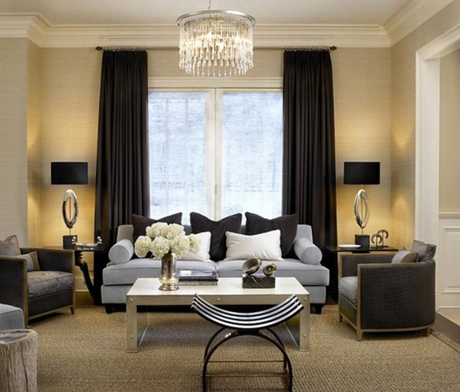 Crystal Chandelier Illuminates Gray Living Room