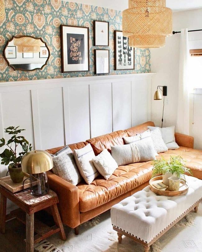Brown Leather Meets Patterned Walls