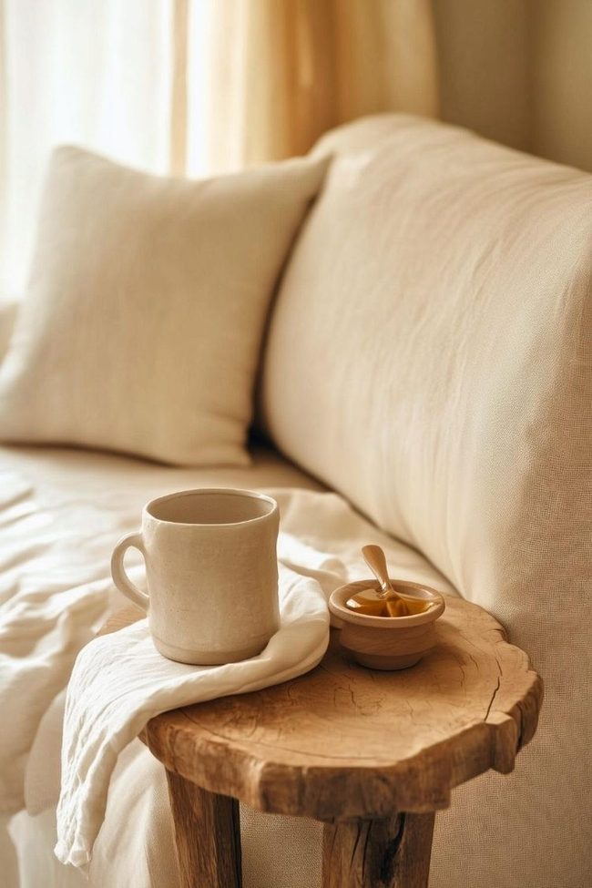 Cream Round Table Beside Sofa