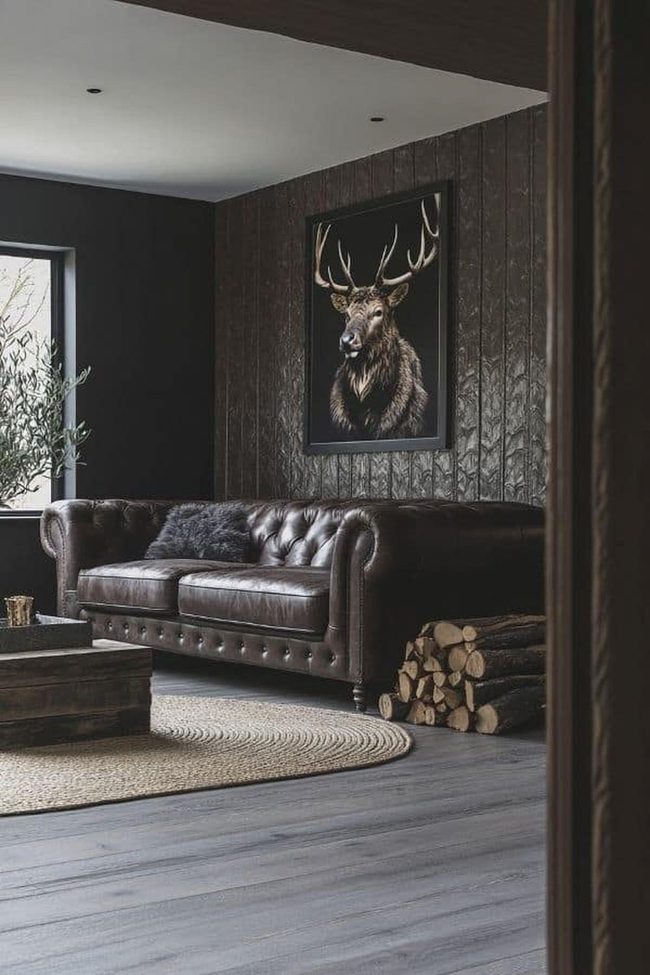 Dark Leather Parlor With Walnut Accents
