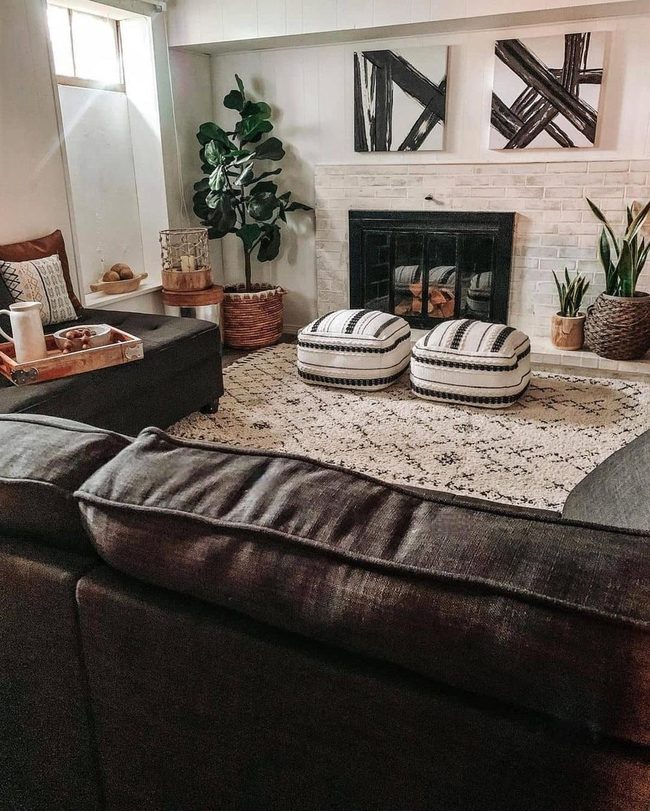 White Brick Fireplace With Brown Contrast