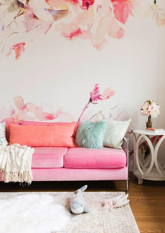 Pink Sofa With Watercolor Floral Walls